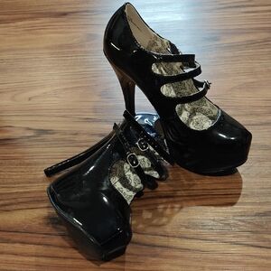 Bordello Glossy Black Triple Strap 6" Heels